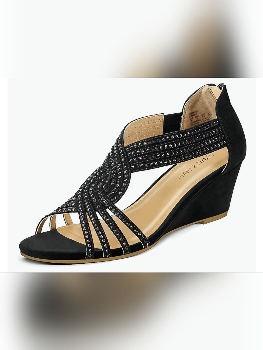 Crystal-Strap Black Wedge Sandals - Elegant Evening Wedges
